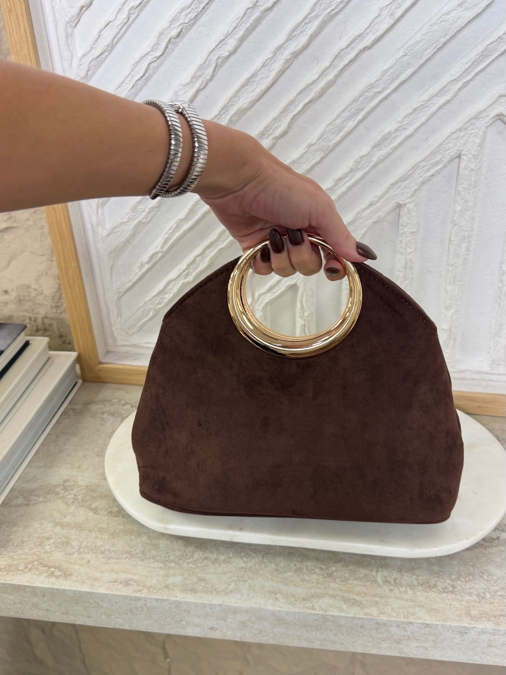 Haute Hippie Chocolate Brown Suede Clutch with Gold Ring Handle - Picture 5 of 16